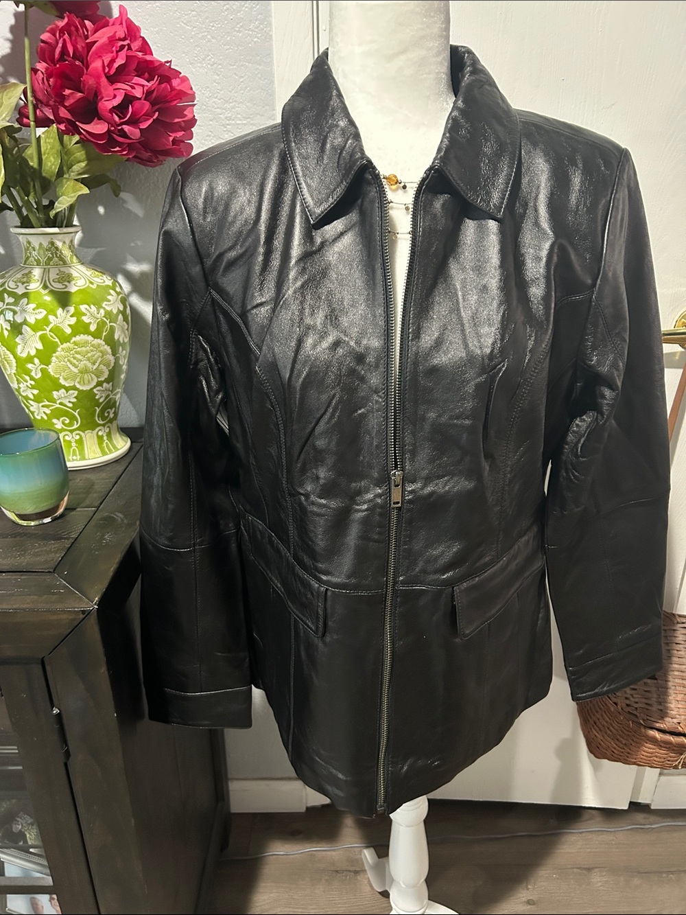 Women's Black Leather Zip-Front Jacket